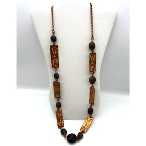 Brutalist Artisan Copper cutout pendant and Beaded chain Boho Necklace